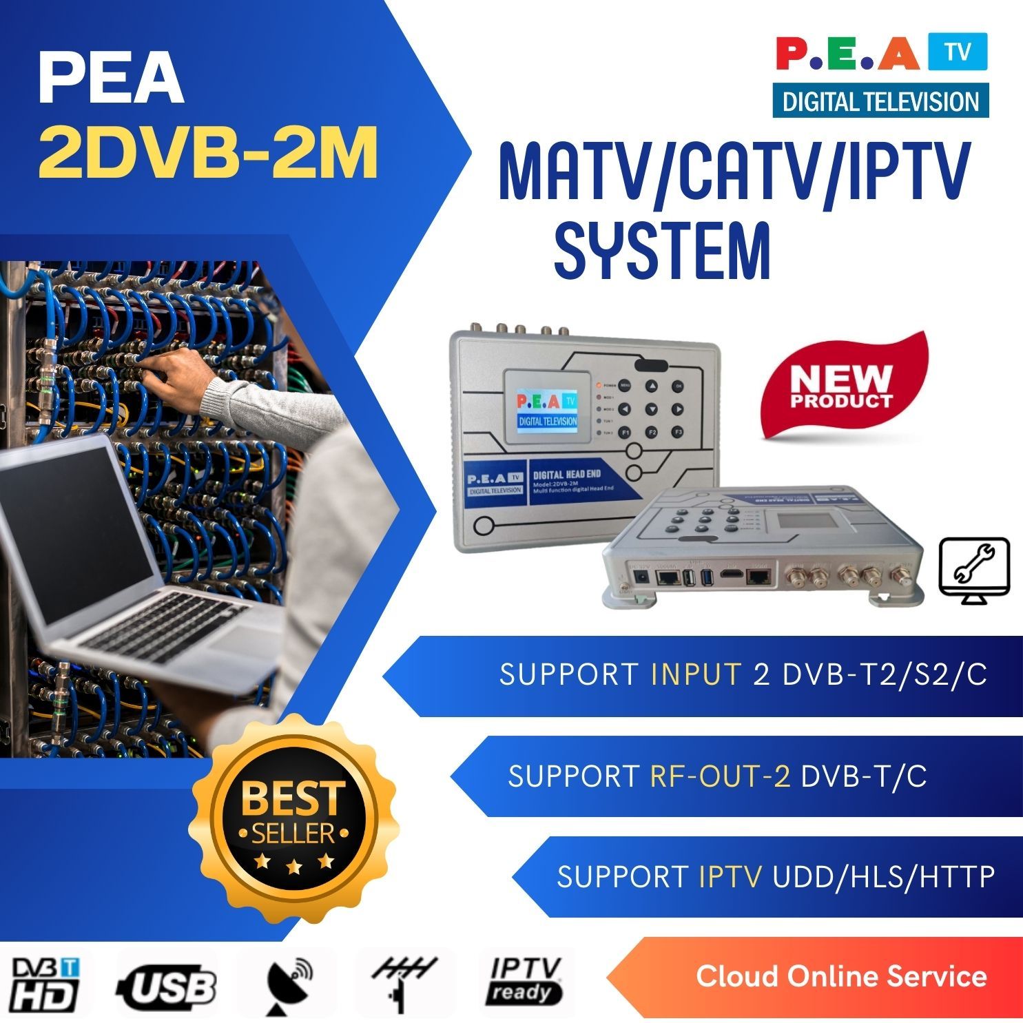 PEA 2DVB-2M  เป็นเครื่อง Headend รุ่นพิเศษ รองรับรับสัญญาณ 2 ช่อง DVB-T2/S2/C และส่งออกได้ทั้ง RF และ IPTV (UDP/HLS/HTTP) เหมาะสำหรับโรงแรม หอพัก และระบบทีวีรวม ใช้งานง่าย พร้อมระบ