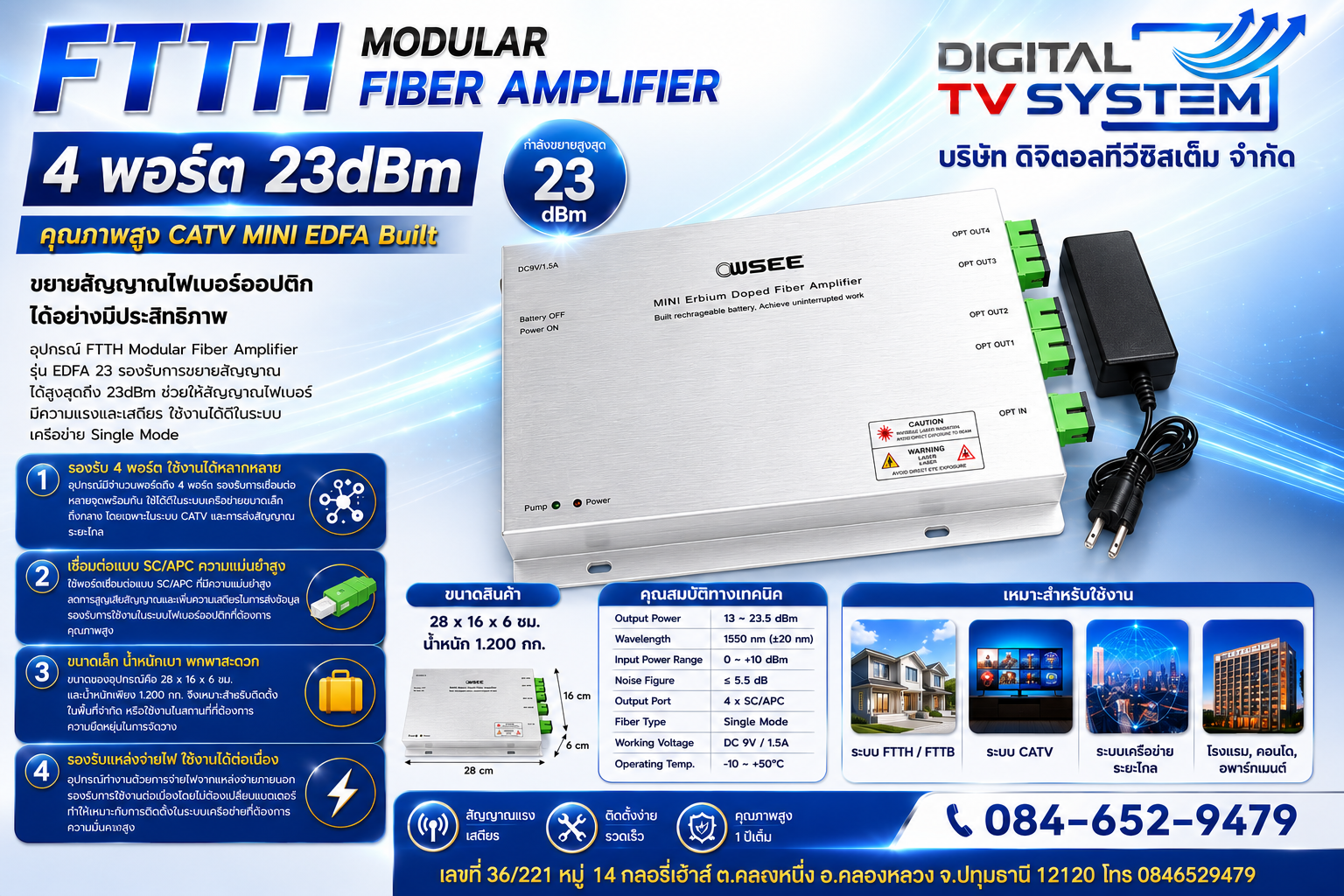 FTTH Modular Fiber Amplifier 4 พอร์ต 23dBm คุณภาพสูง Catv MINI EDFA Built
